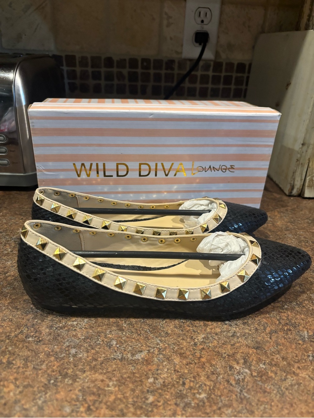 DIVA Lounge Black Sequin Pointed Flats with Gold Stud Trim
